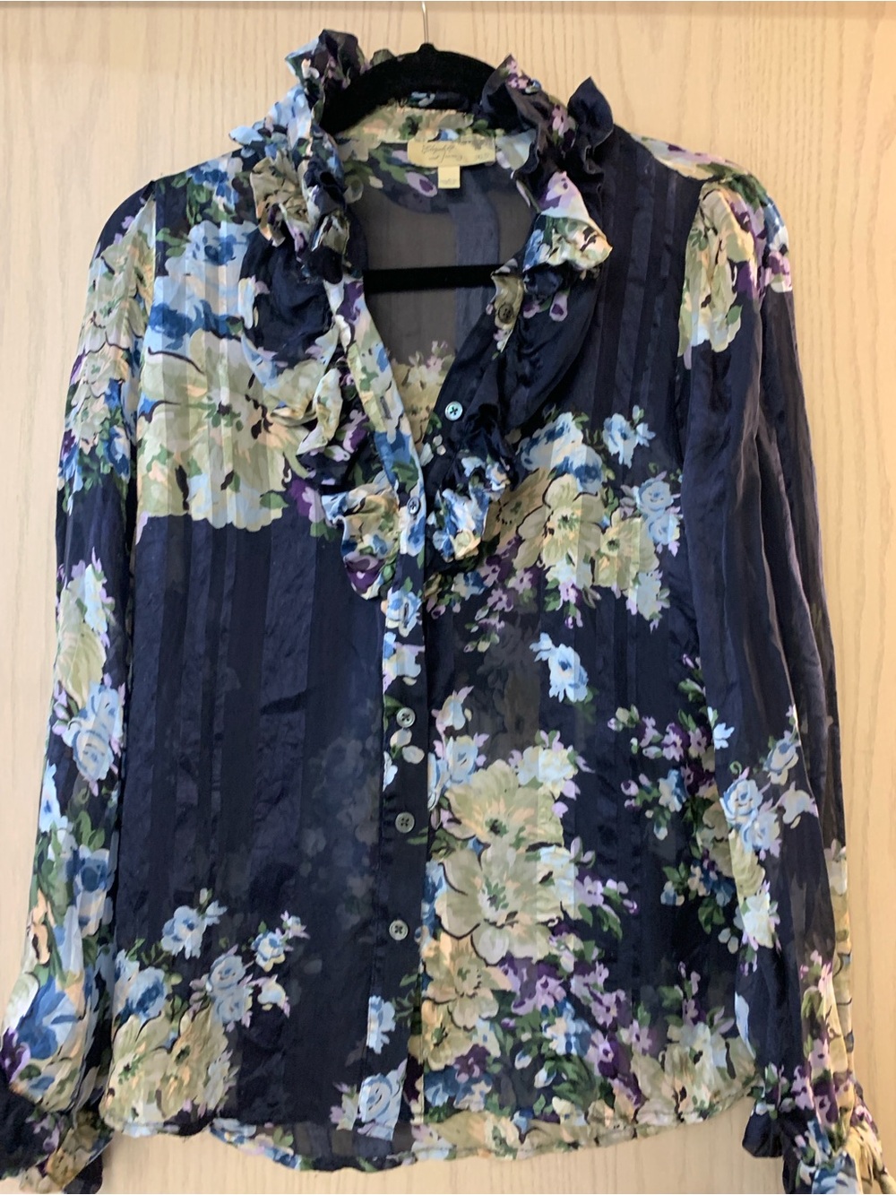 Elizabeth and James Navy Floral Ruffle Button-Up Blouse